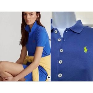 Ralph Lauren Polo Logo Collared Button Shirt Dresss Blue Neon Green Small Cotton